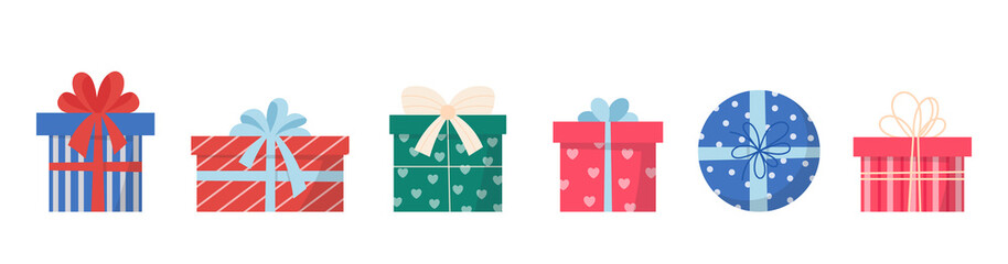 Set of colourful gifts, many different boxes with bows and red, blue, green patterns. Vector isolated illustration bundle.