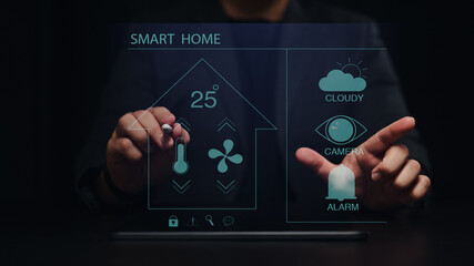 User controlling all the functions on a virtual screen of futuristic interface of smart home...