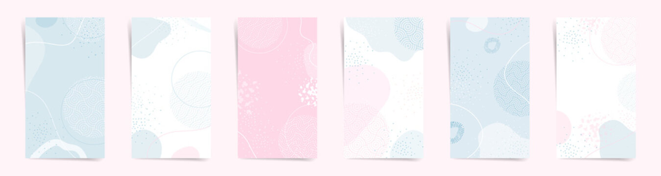 Chinese new year sale stories banners fashion template set. Lunar year design for stories and promo posts. Design with wavy patterns, seigaiha, and abstract shapes in white, blue, and pink colors set.