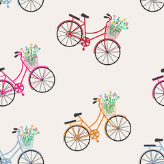 Seamless pattern. Bicycles, flowers with beautiful colors, in the basket. Vector, illustration.