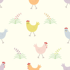 Seamless pattern with beautiful colors chicken and flowers. Vector, illustration.