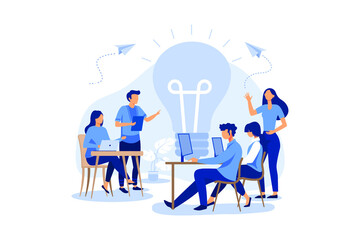 online assistant at work. promotion in the network. manager at remote work, searching for new ideas solutions, working together in the company, brainstorming vector flat modern design illustration