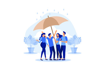 support each other concept, people stand under umbrella under protection vector flat modern design illustration