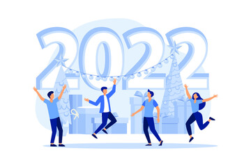 Vector illustration little people
are preparing for the New Year,
are engaged in decoration,
the inscription New Year 2022 vector flat modern design illustration