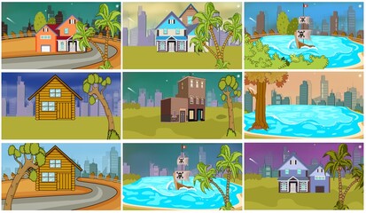set of different 2d landscapes , sea ,park, city, house, day and night Collection of 9 illustrations, Coloring book. Illustration for children