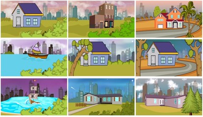 set of different 2d landscapes , sea ,park, city, house, day and night Collection of 9 illustrations, Coloring book. Illustration for children