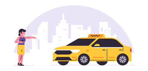 Online taxi ordering service. A driver in a yellow taxi, a passenger, transportation of people. The girl is waiting for the car, city, cab. Vector illustration isolated on background.