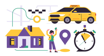 Naklejka premium Online taxi ordering service. City taxi service. Web banner. Yellow car, house, city map, woman with money, line, icon, sign. Vector illustration isolated on white background.