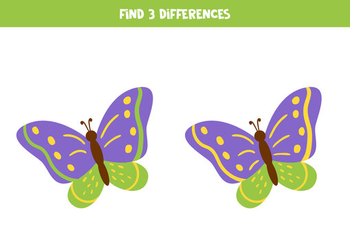 Find 3 differences between two cute colorful butterflies.