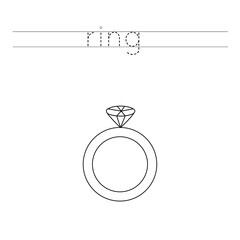 Trace the letters and color cartoon ring. Handwriting practice for kids.