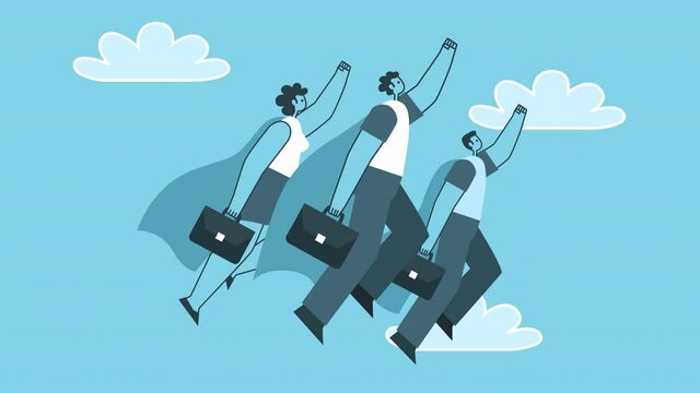 Superheroes team flying up. Teamwork business concept. Flat Design Cartoon Characters Isolated Loop 2d Animation with Alpha Channel