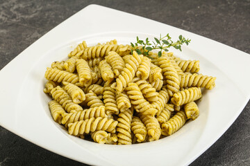 Italian pasta Fusilli with pesto