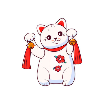 Maneki Neko lucky cat. Japanese symbol of wealth. Vector cartoon illustration