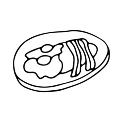 Breakfast with fried eggs and bacon in doodle style. Isolated vector.