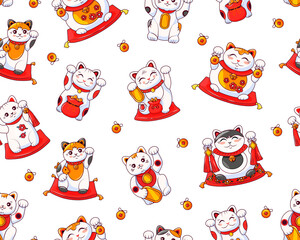 Different cute Japanese cats of good luck Maneki Neko. For printing on paper and fabric. Symbol wealth. Seamless vector pattern