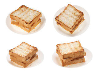 Slices toast bread in dish on white background