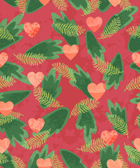 Vector colorful seamless pattern with illustration of leafs and hearts. Flyers, invitation, poster, brochure, banner. Happy Valentines Day