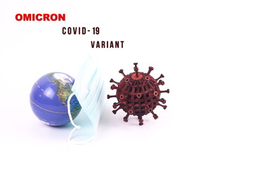 3d wooden model coronavirus and Earth with medical mask on white background.Covid-19 new omicron virus variant concept.