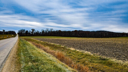 Roadside farmland in autumn under vibrant blue sky