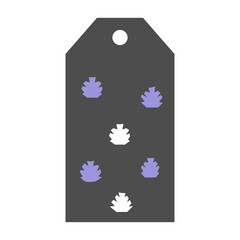 Vector minimalistic tag with hand drawn abstract elements (violet and white spruce cones). Flat concept with simple shapes. Label illustration for decoration of Xmas present boxes. Grey background