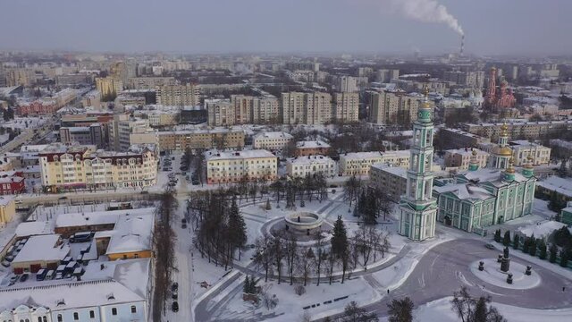  Winter view from a drone of the Spaso-Preobrazhensky Cathedral in the city center and residential areas in Tambov, Russia.