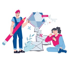Mail service and correspondence delivery with people sending and receiving newsletters. News subscription and business correspondence for website or mobile app, flat vector isolated on white.