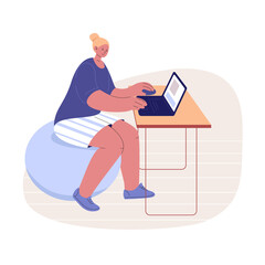 Woman freelancer sits with laptop at table on fitball. Set of vector illustrations in flat style.