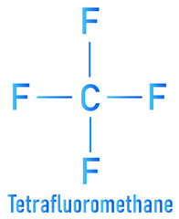 Tetrafluoromethane, carbon tetrafluoride, CF4, greenhouse gas molecule. Skeletal formula.