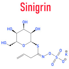 Sinigrin glucosinolate molecule. Present in some cruciferous vegetables like Brussels sprouts, broccoli, black mustard, etc. Skeletal formula.