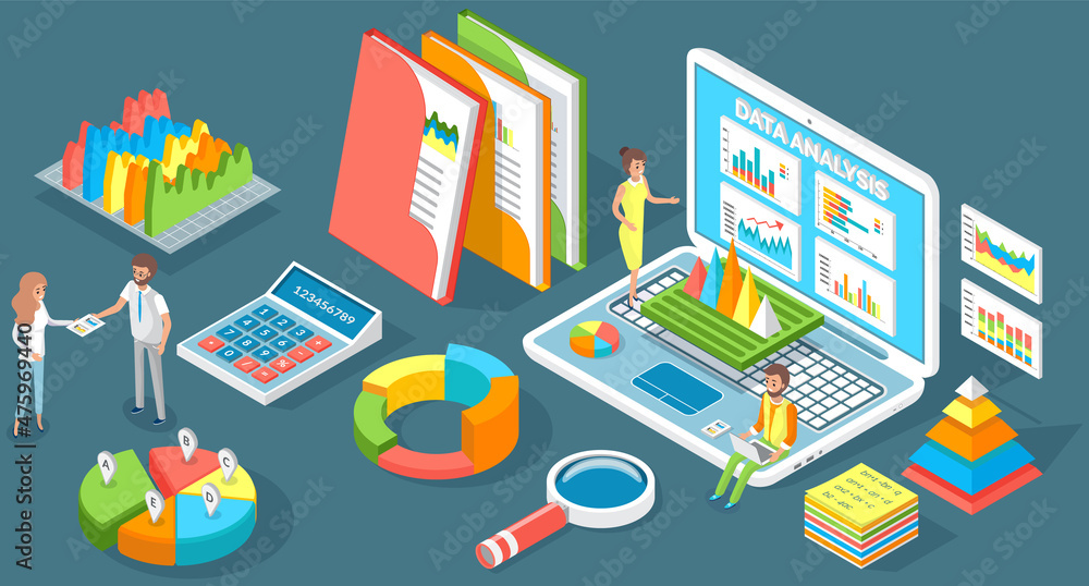 Poster visualize with business analytics. people work with statistical data analysis, changing indicators. 