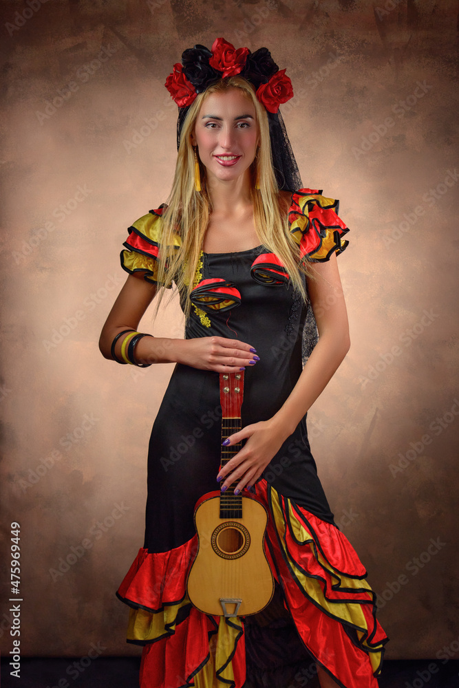 Poster Beautiful flamenco Caucasian female with guitar