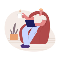 A man freelancer sits with a laptop in a chair at home. Vector illustration in flat style.