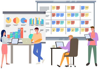 Visualize with business analytics. People work with statistical data analysis, changing indicators. Employees analyze statistical indicators, business data. Characters work with marketing research