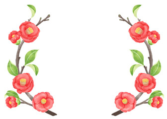 椿の水彩画、和風の飾りフレーム／Camellia watercolor painting, Japanese style decorative frame