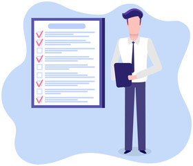 Month scheduling, to do list, time management. Businessman stands near checklist and planning. Plan fulfilled, task completed, timetable on paper sheet. Check list plan, schedule creation concept