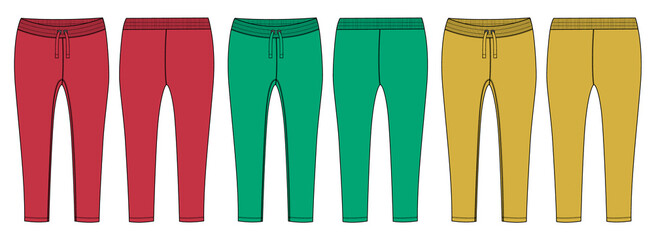 Multicolor Leggings pants fashion flat sketch vector illustration template front, back view isolated on white background. Girls Long Legging mock up for Women's unisex 