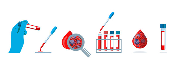 Medical test tubes with blood samples. The patient's blood in pipettes for analysis. Laboratory research concept for biochemistry and viruses. Blood donation. Blood plasma with viruses. Vector set