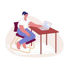 Woman freelancer at home at the table with laptop on orthopedic knee chair for. Vector illustration in flat style.