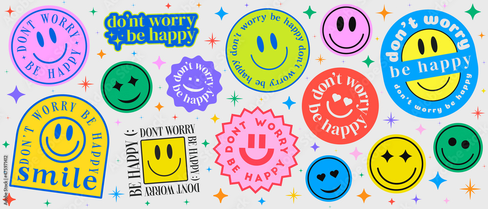 Poster don't worry be happy abstract patches collection. cool trendy smile happy stickers vector design.