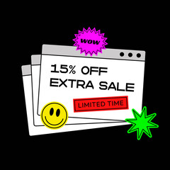 Cool Trendy Computer Window Illustration. 15% Off Sale Banner Vector Design. Vaporwave Artwork.