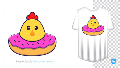 Cute chicken character. Prints on T-shirts, sweatshirts, cases for mobile phones, souvenirs. Isolated vector illustration on white background.