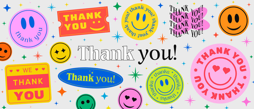 Thank You Abstract Patches Collection. Cool Trendy Smile Happy Stickers Vector Design.