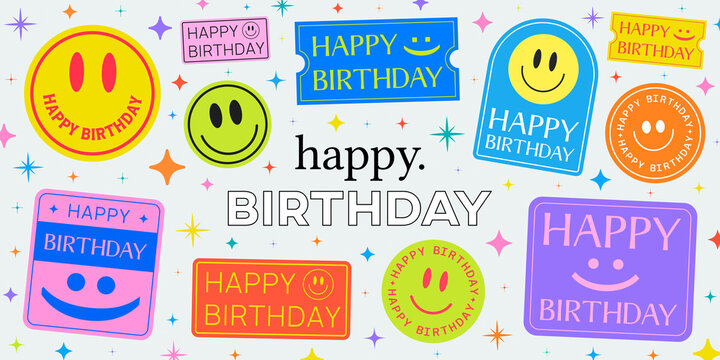 Happy Birthday Stickers Collection Vector Illustration.