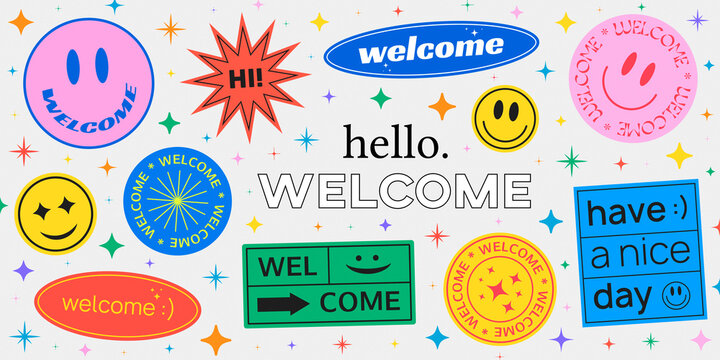 Cool Trendy Smile Happy Stickers Collection. Hello Welcome Hipster Illustration.