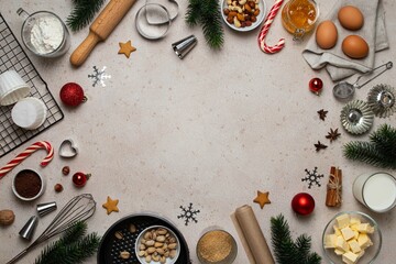 Christmas or New Year baking background. Baking tools and food ingredients for baking - flour,...