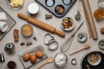 Baking background. Baking tools and food ingredients for baking - flour, eggs, sugar, milk, nuts on...