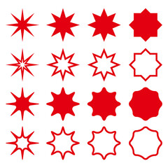 Star shapes collection. Silhouetes and outline red eight pointed stars. Simple design elements set. Vector illustration isolated on white.