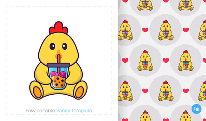 Seamless pattern with cartoon chicken on white background. Can be used on packaging paper, cloth and others.