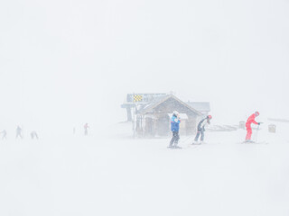 .Day with a lot of blizzard in a ski resort - obrazy, fototapety, plakaty