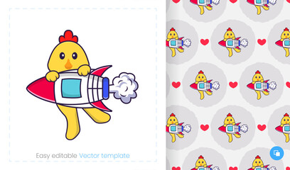 Seamless pattern with cartoon chicken on white background. Can be used on packaging paper, cloth and others.